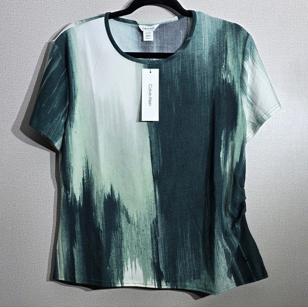 Calvin Klein Teal and White Women's Short Sleeve Top